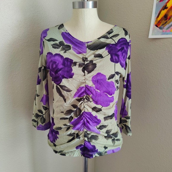 Style & Co. Tops - Style & Co. Y2K Purple Floral Ruched Mesh‎ Top Indie Sleaze Whimsygoth Size M